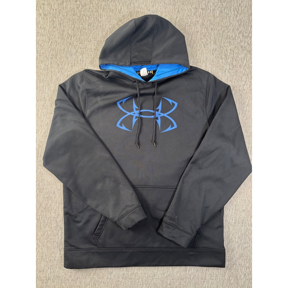Under Armour Storm Hoodie Mens Large Black Blue Fish Hook Logo Sweatshirt Loose